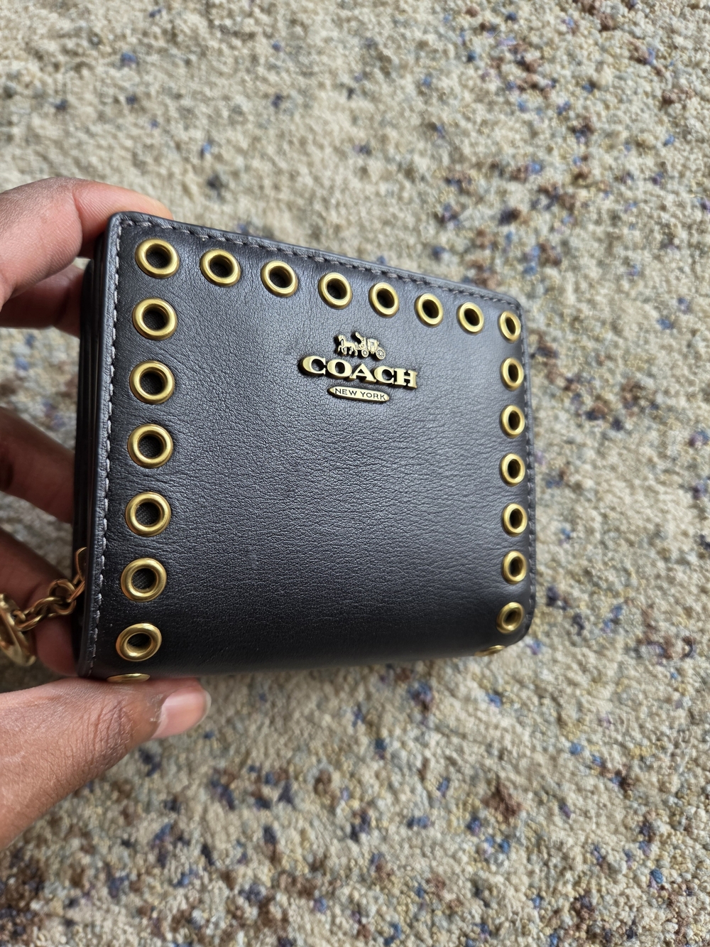 Coach Leather Grommet Snap Wallet Black Gold - Picture 2 of 10